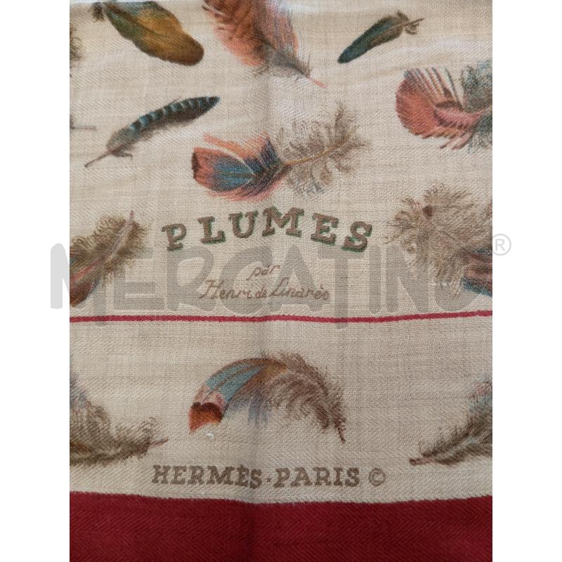 FOULARD HERMES LES PLUME BEIGE BORDI ROSSI SETA CASHMERE  | Mercatino dell'Usato Verona fiera 2