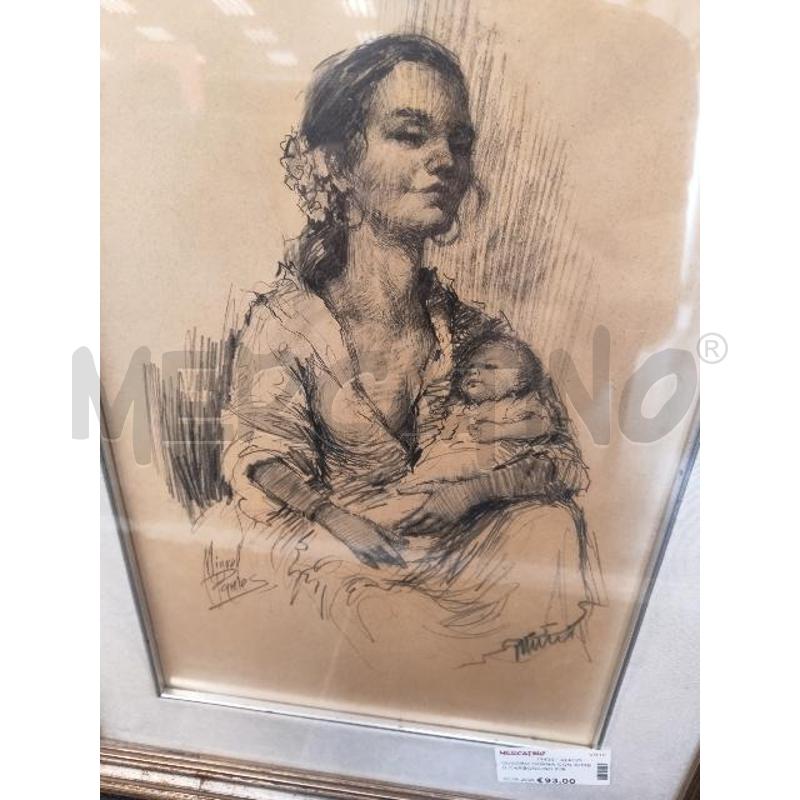 QUADRO DONNA CON BIMBO CARBONCINO FIRMA MIGUEL PAMIES | Mercatino dell'Usato Verona fiera 2